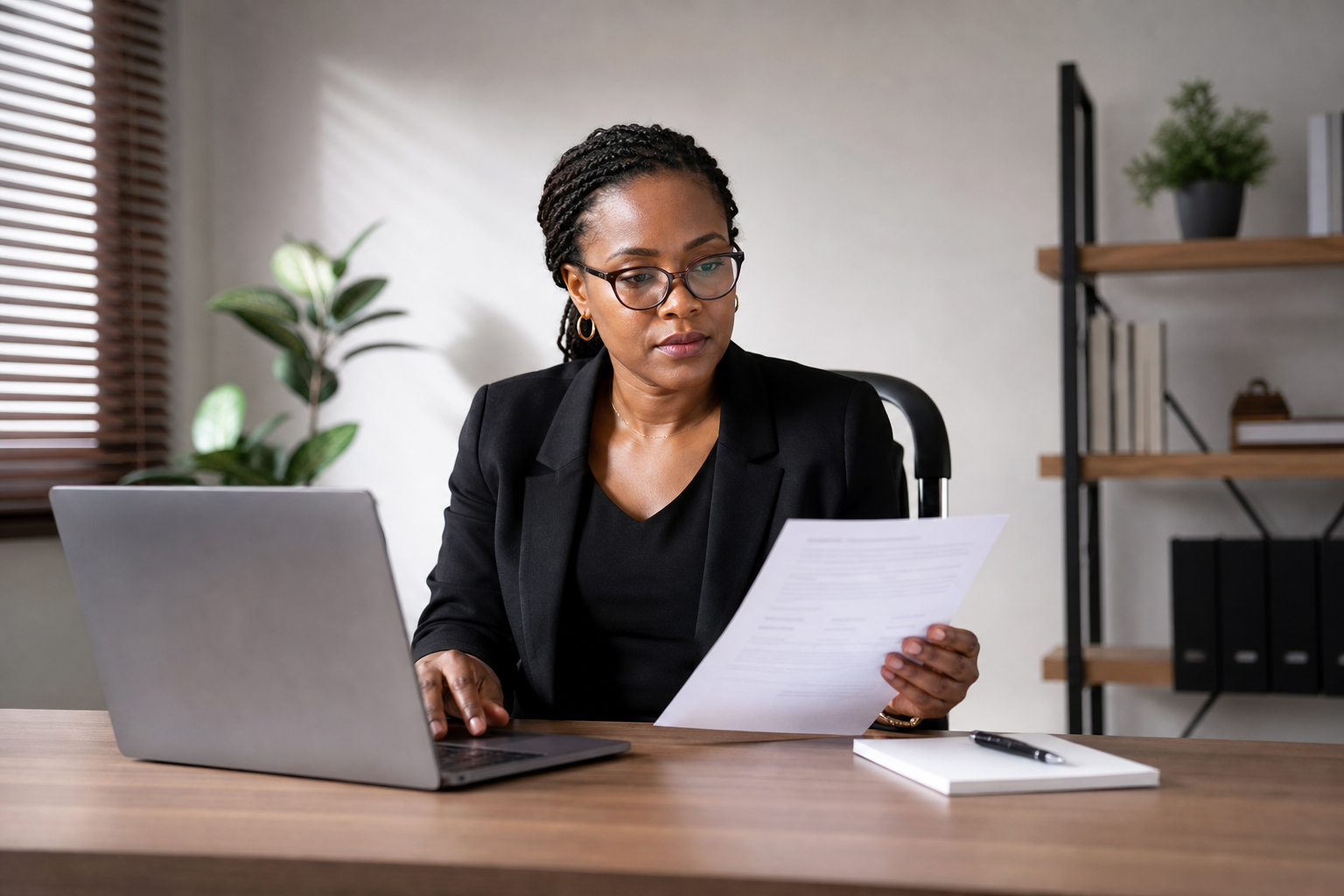 Professionnelle africaine vérifiant sur son ordinateur les informations d’un document généré par une IA dans un bureau contemporain.