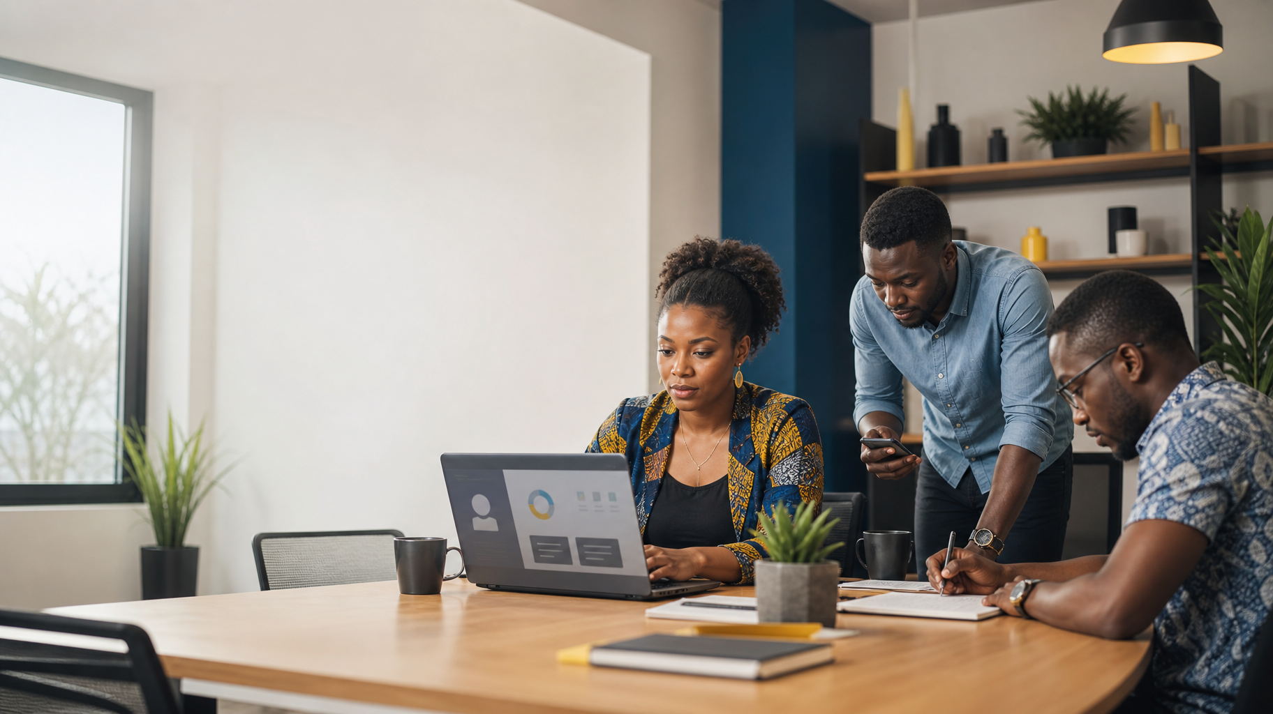 Une équipe de professionnels africains examine sur un ordinateur un outil d’assistance IA dans un bureau de PME.