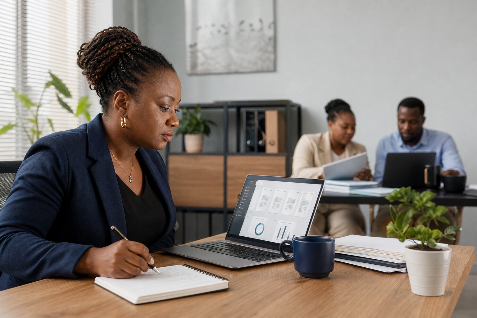 Dirigeante africaine consultant sur son ordinateur un tableau de suivi de demandes, avec un carnet de notes pour valider le travail de son équipe.