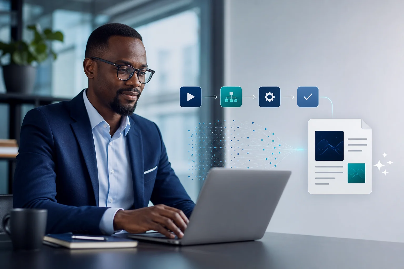 Professionnelle travaillant sur un ordinateur avec des visualisations représentant l’automatisation, l’analyse de données et l’IA générative.