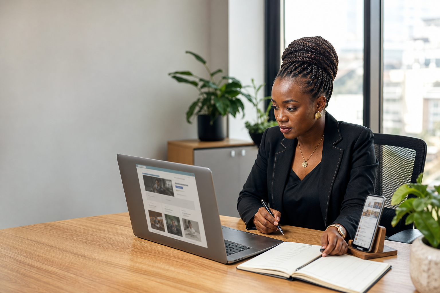 Une dirigeante africaine consulte un site web sur son ordinateur portable tandis qu’un téléphone et un carnet de suivi client sont posés sur son bureau.