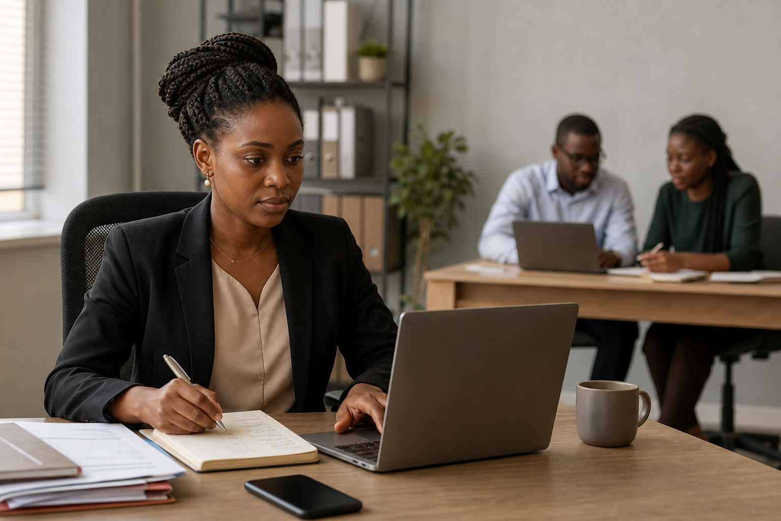 Une responsable d’équipe africaine consulte un ordinateur portable et vérifie des notes dans un bureau contemporain, tandis que des collègues travaillent en arrière-plan.