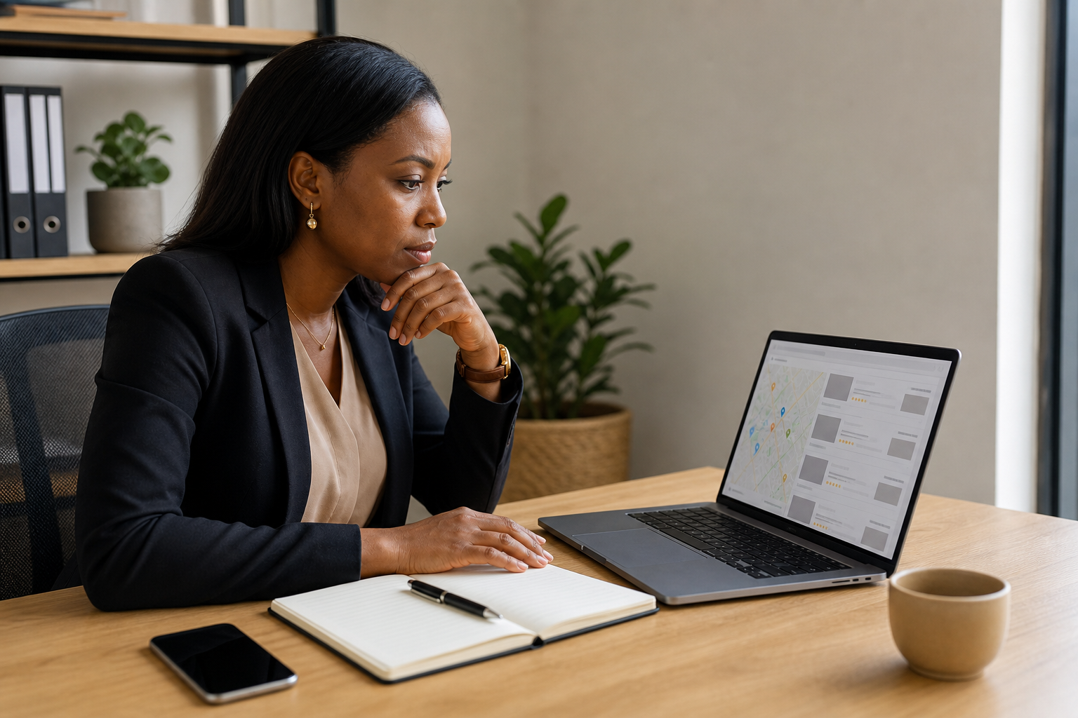 Une entrepreneure africaine consulte les résultats de recherche de son entreprise sur un ordinateur portable dans un bureau moderne.
